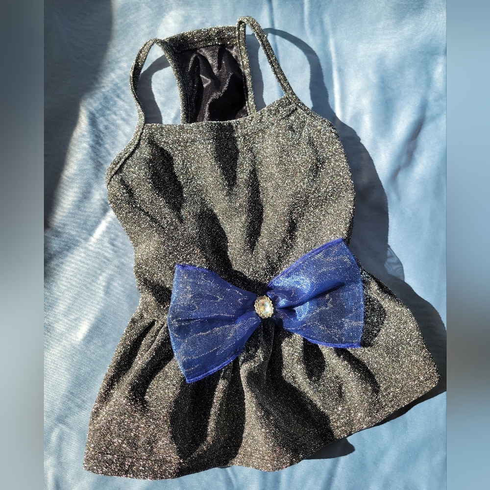 Sparkly Black Small Dog Dress with Blue Bow